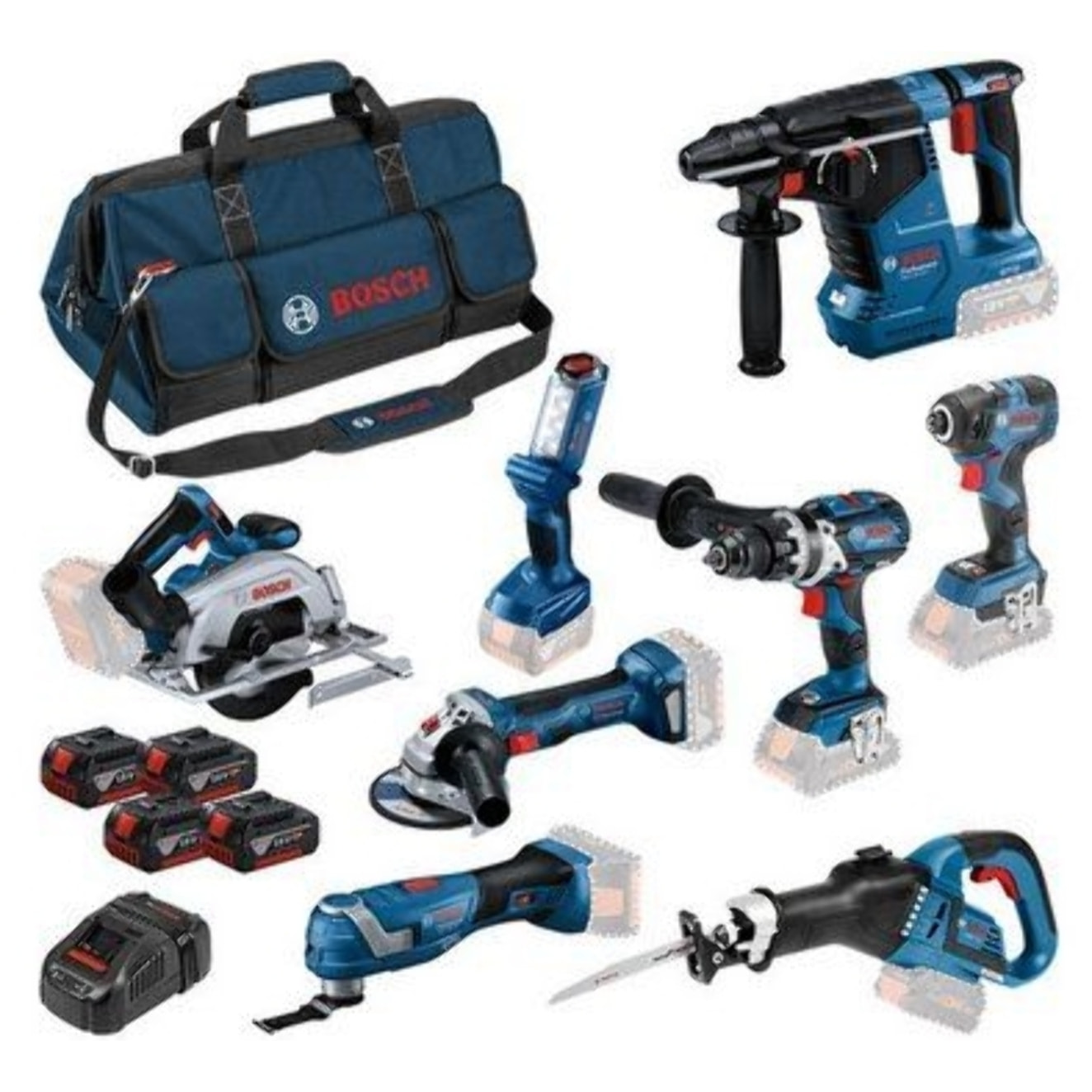 Lot de 8 machines ToolKit 18V - BOSCH - avec 4 x batterie 18V 5.0Ah - chargeur sac de transport - 0615A5004A