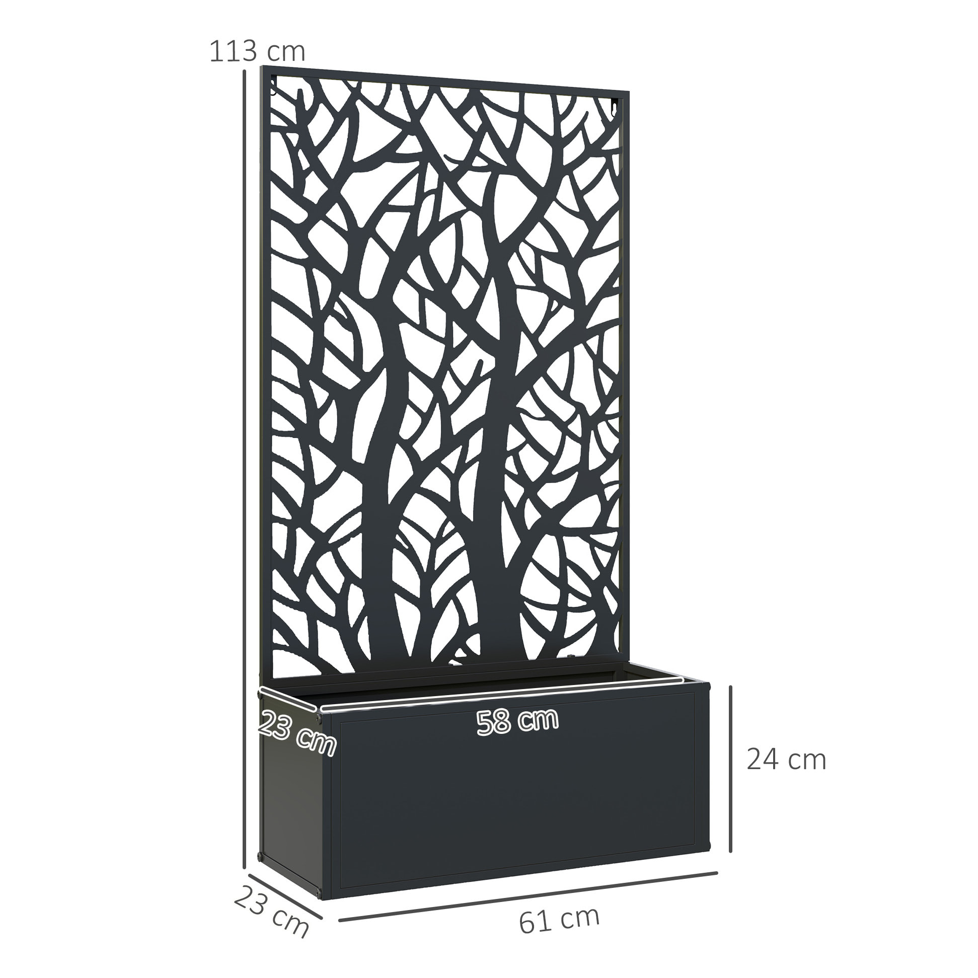 Jardinera Exterior Grande de Metal Jardinera con Pantalla de Privacidad de Hojas Decorativas Jardinera de Pared o Independiente para Patio Terraza 61x23x113 cm Negro