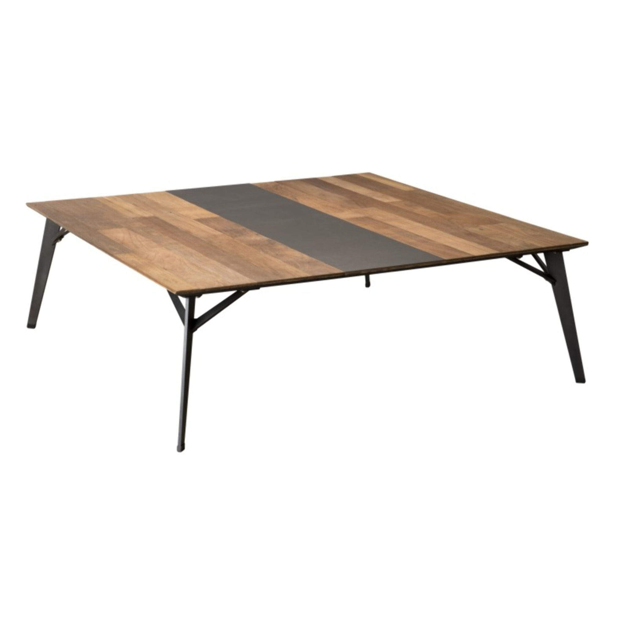 MAXENCE - Table basse carrée 120x120cm bois Teck recyclé métal et pieds métal noir