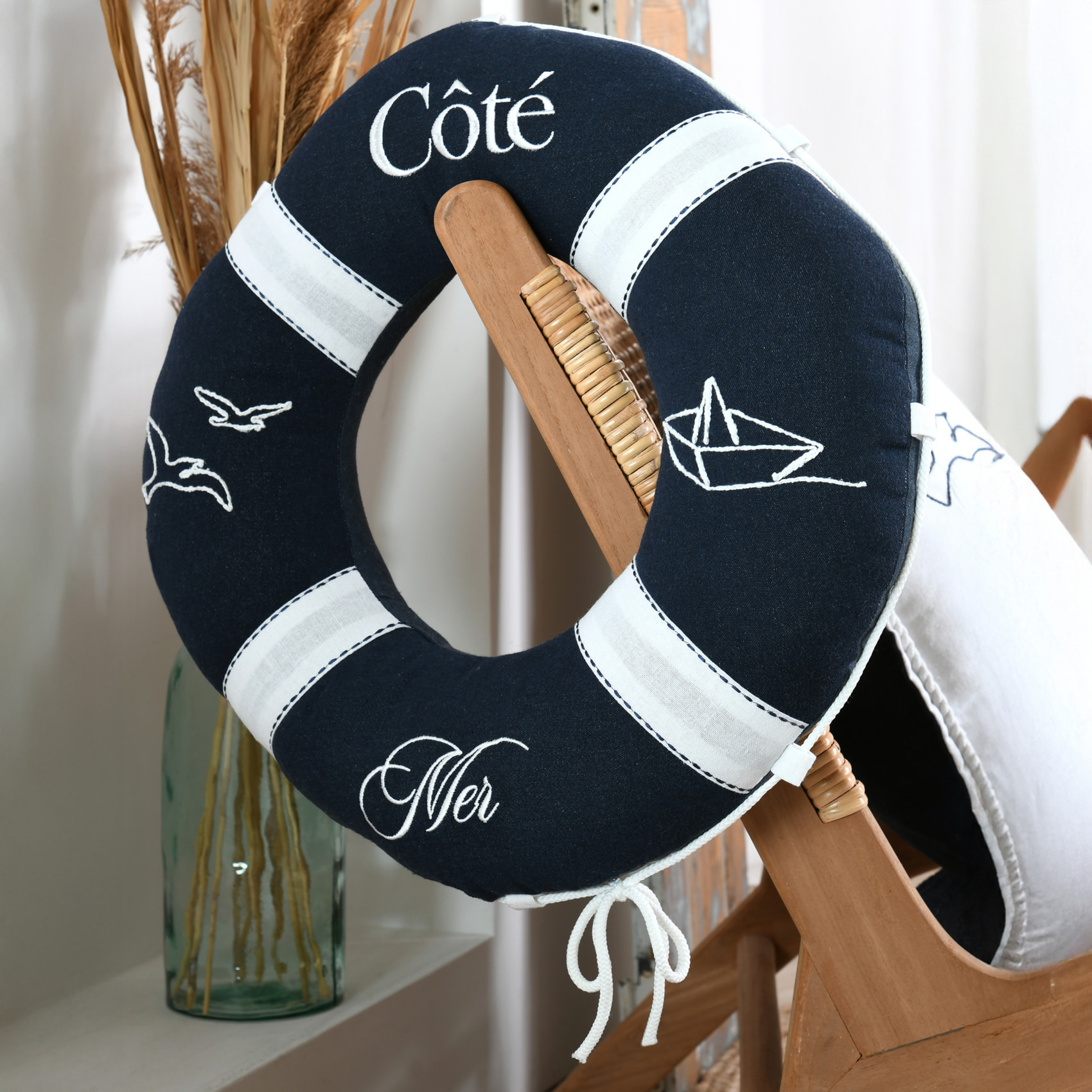 Coussin bouée polycoton décoratif esprit bord de mer - Bleu Marine