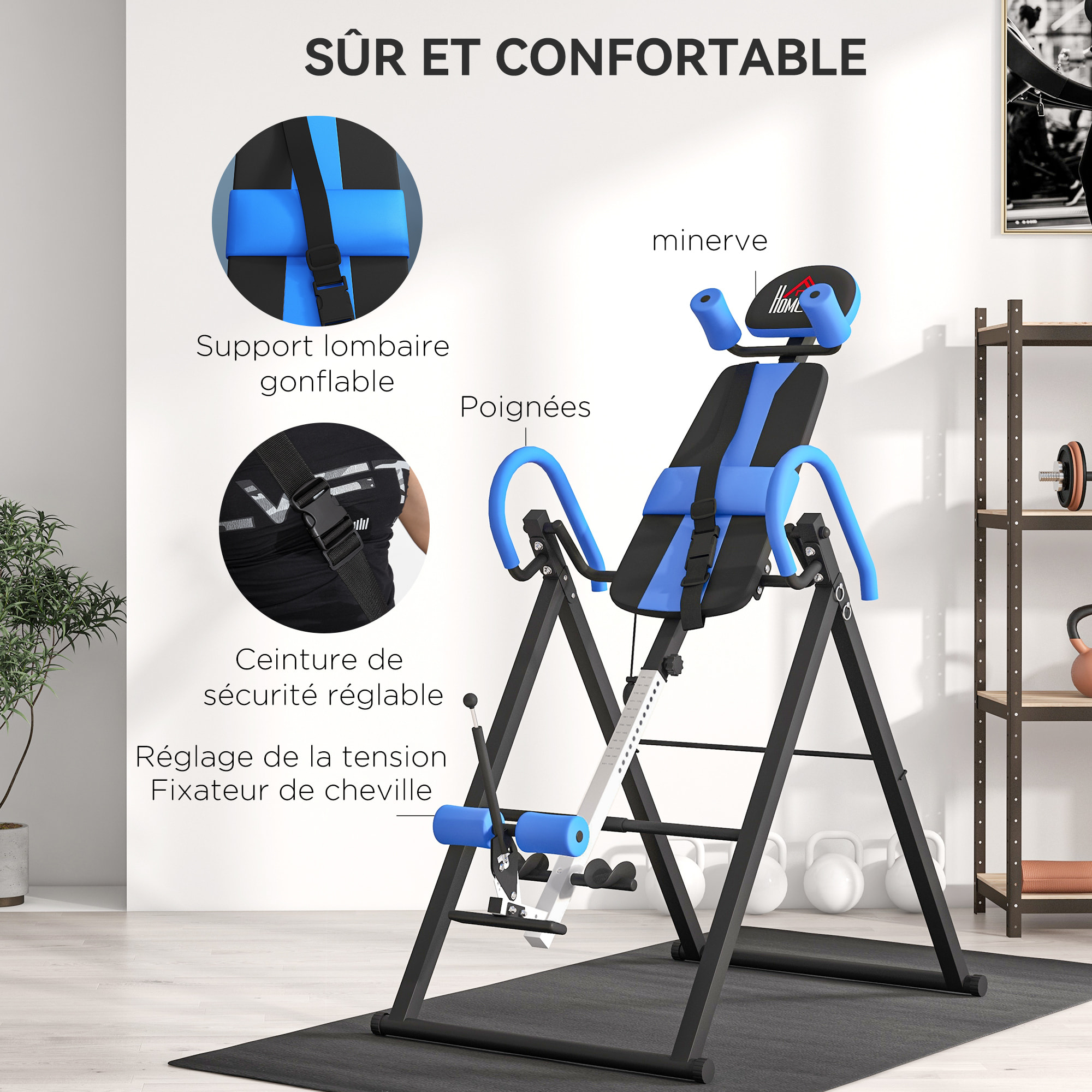 Table d'inversion de musculation pliable ceinture de sécurité réglable angle inversé ajustable 3 niveaux acier bleu noir
