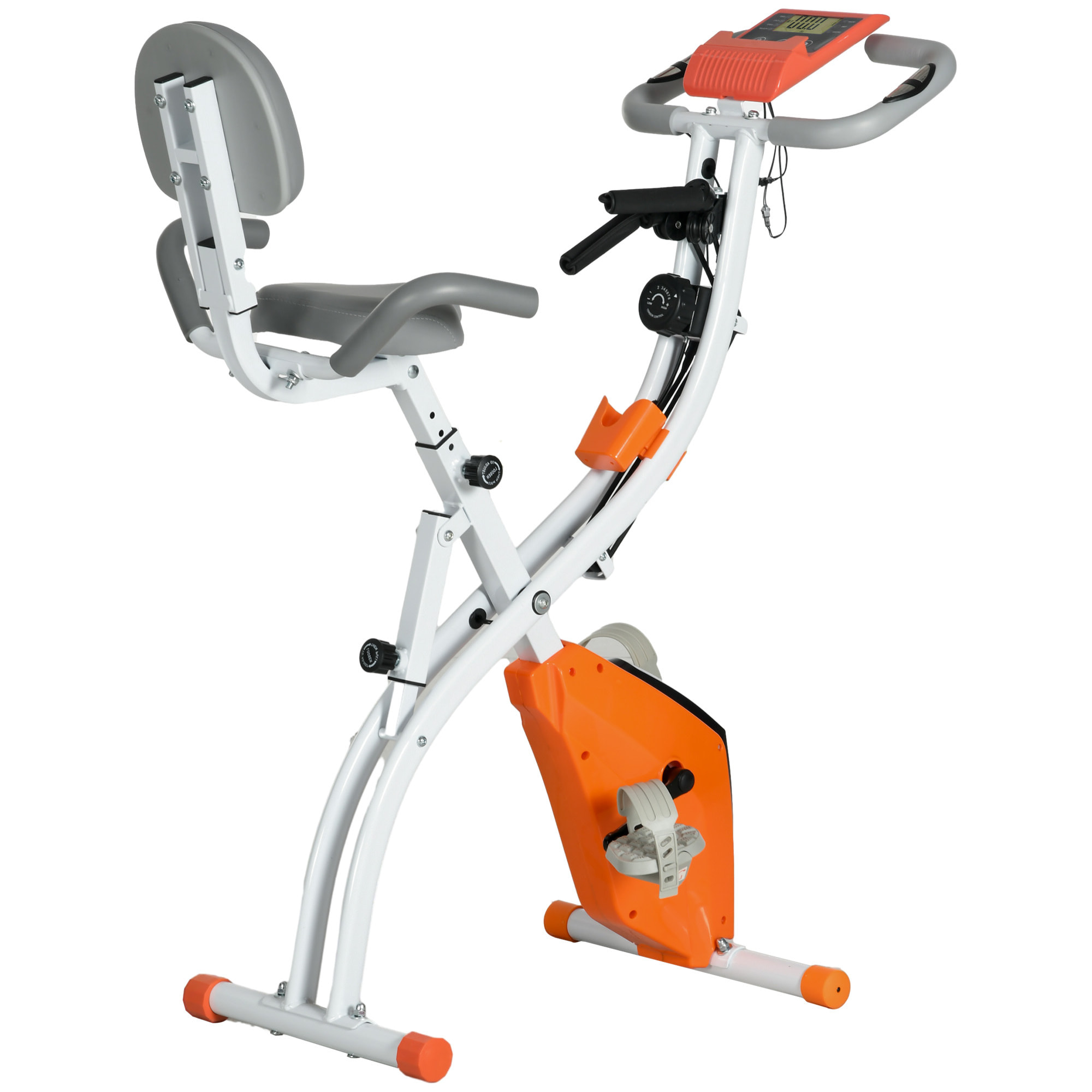 Bicicleta Estatica Plegable 3 en 1 con Respaldo y 8 Niveles Resistencia Magnética Bicicleta Estatica en Casa Ajustable con Monitor LCD Volante Banda Sensor de Pulso Soporte de Teléfono Naranja