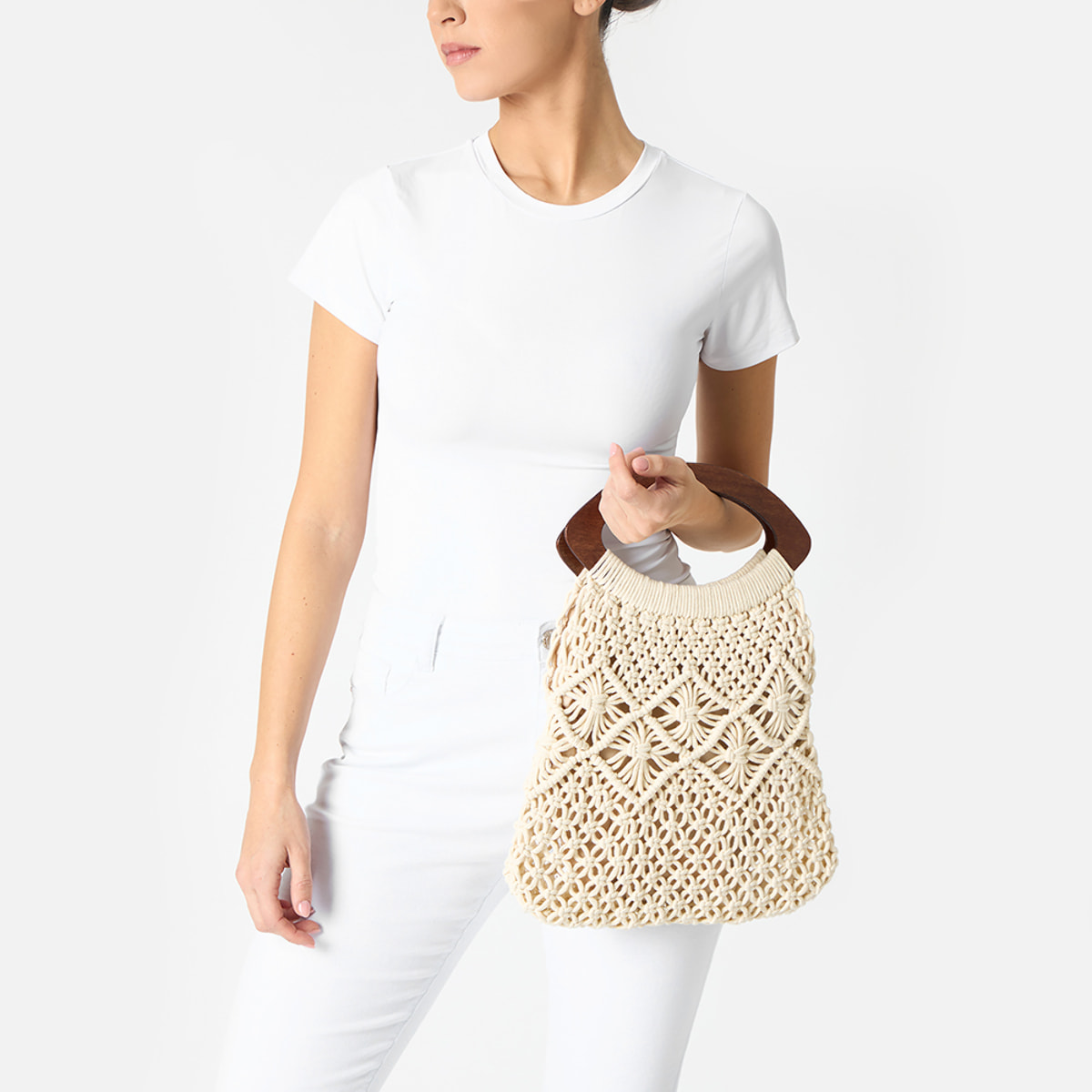 Borsa a mano donna panna in tessuto macramè