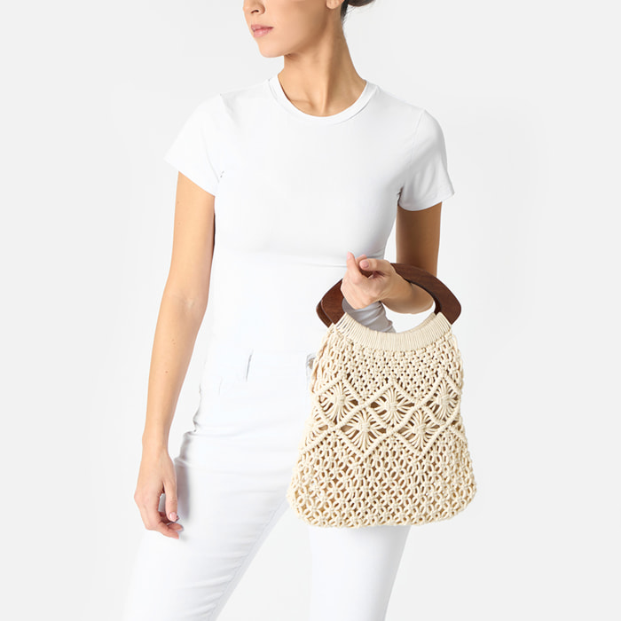 Borsa a mano donna panna in tessuto macramè