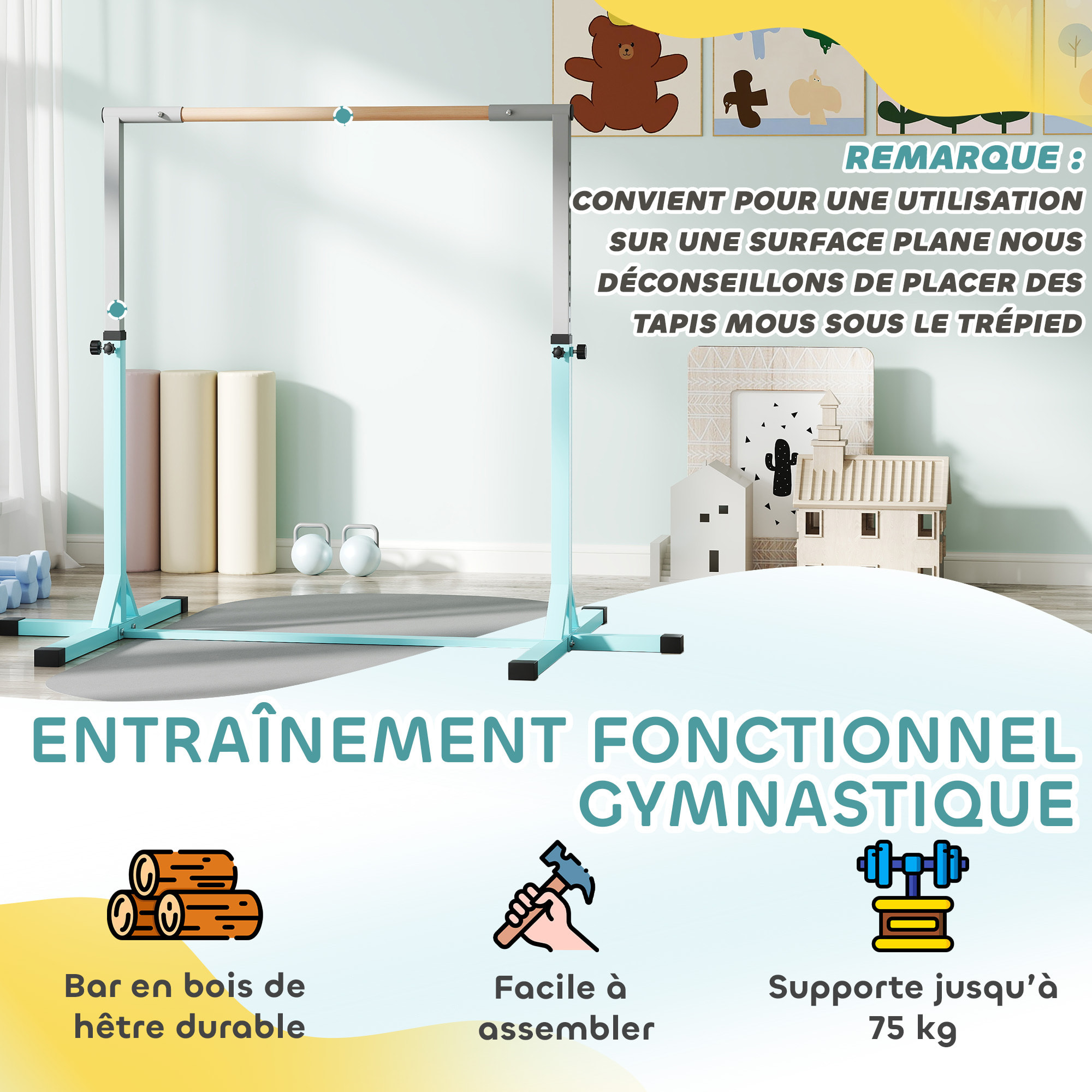 Barre fixe de gymnastique enfant - barre de gymnastique hauteur réglable 13 niveaux 92 à 150 cm - acier cyan bois massif hêtre