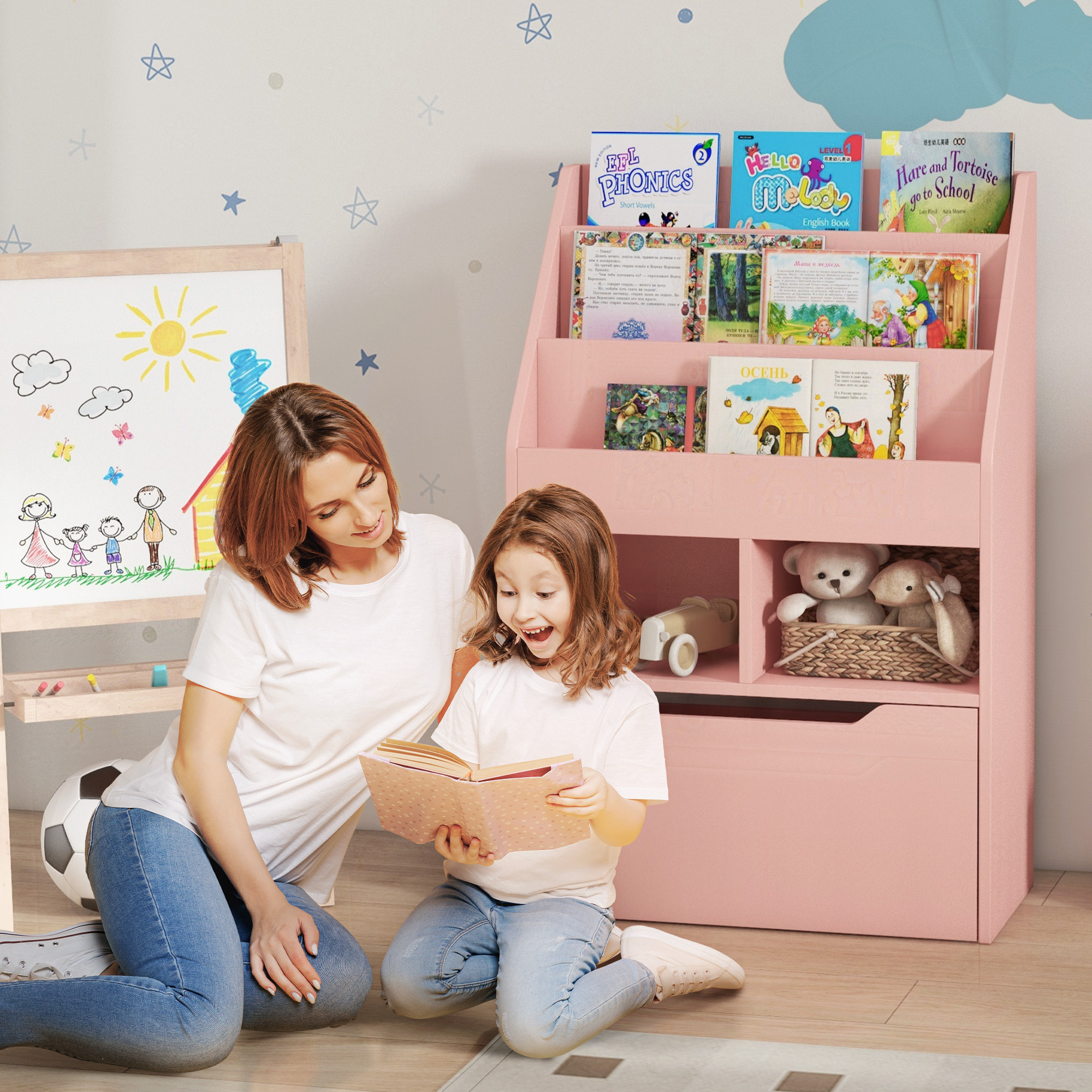 Estantería Infantil de Madera con 3 Compartimentos 2 Cubos y Cajón Móvil con 4 Ruedas Librería Infantil para Habitación de Niños Sala de Juegos 60x29,9x90 cm Rosa