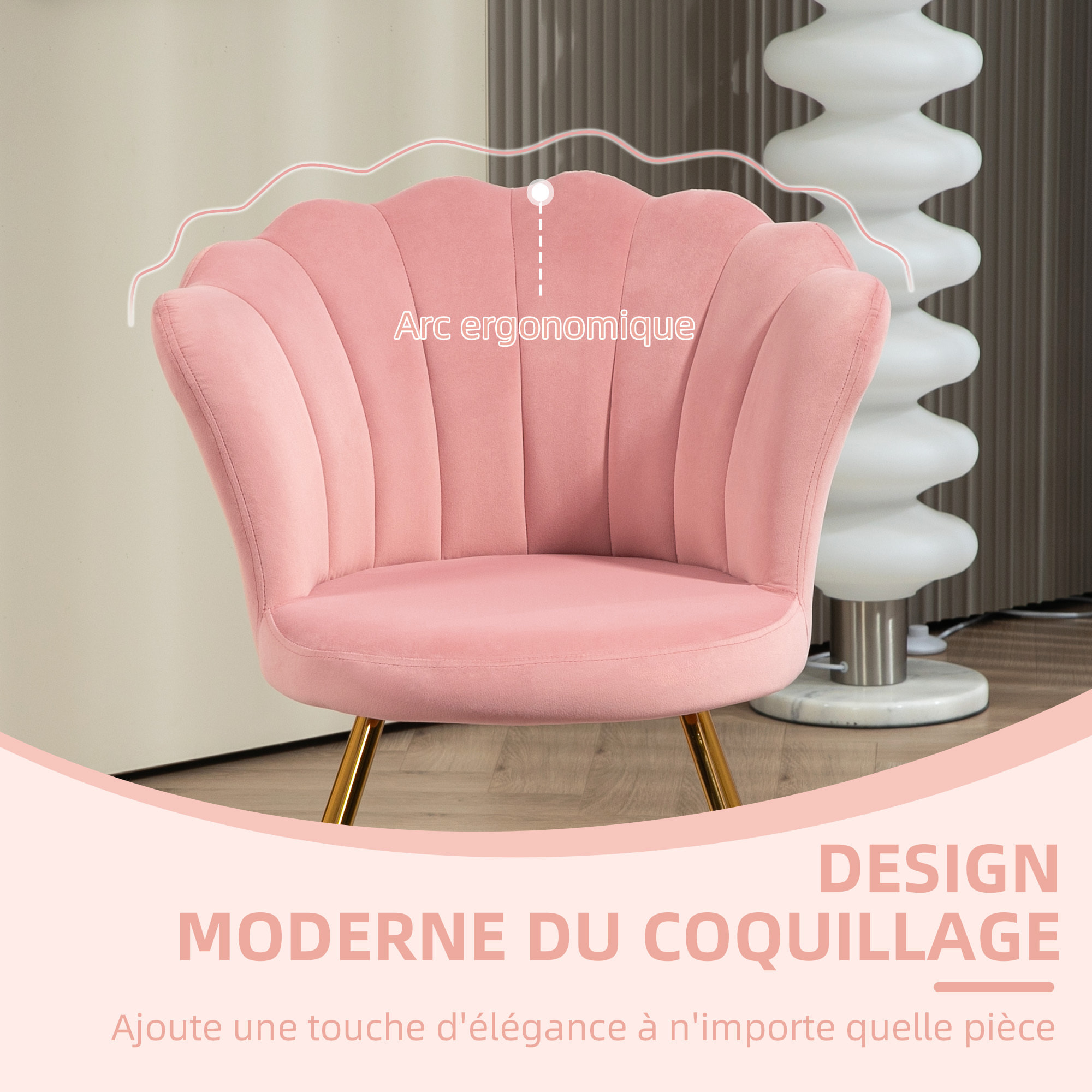 Fauteuil design coquillage piètement acier doré velours rose poudré
