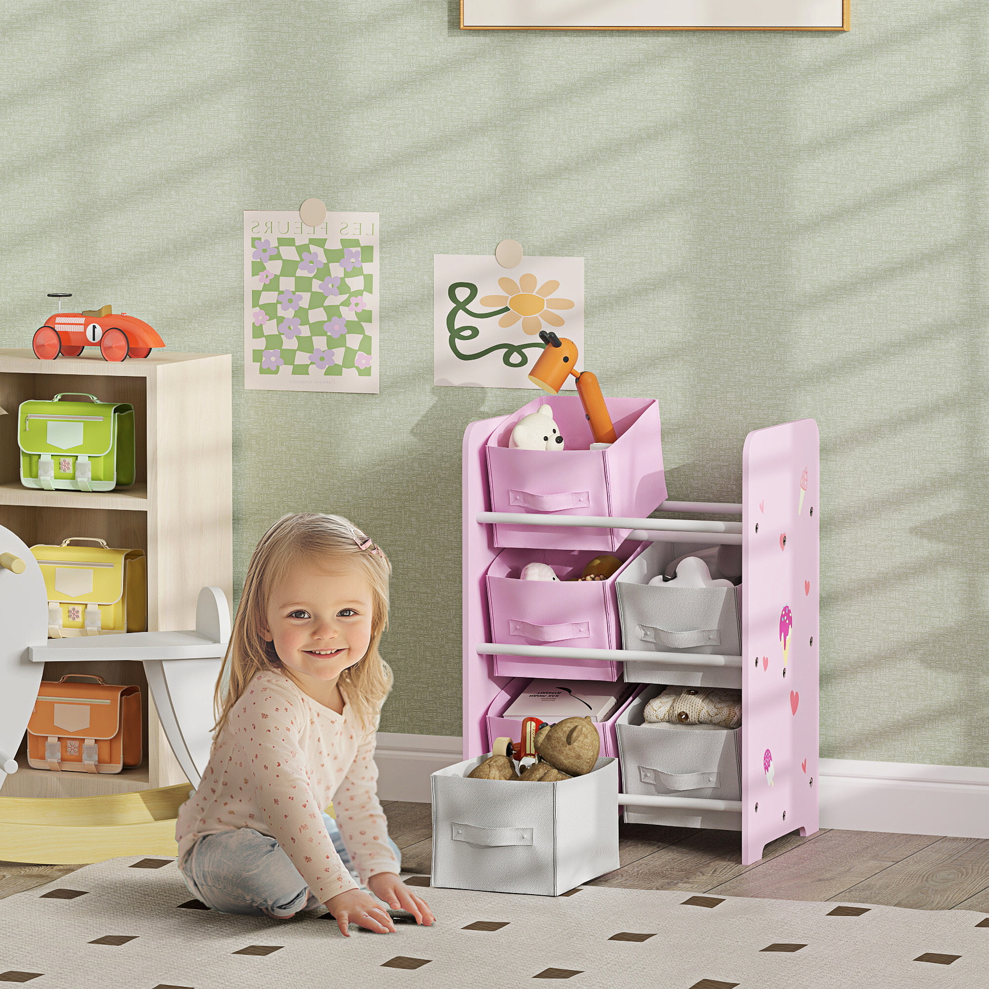 Estantería Infantil para Niños de +3 Años Estantería para Juguetes con 6 Cajas de Tela no Tejida Extraíbles Organizador de Juguetes para Dormitorio Guardería 43x30x60 cm Rosa