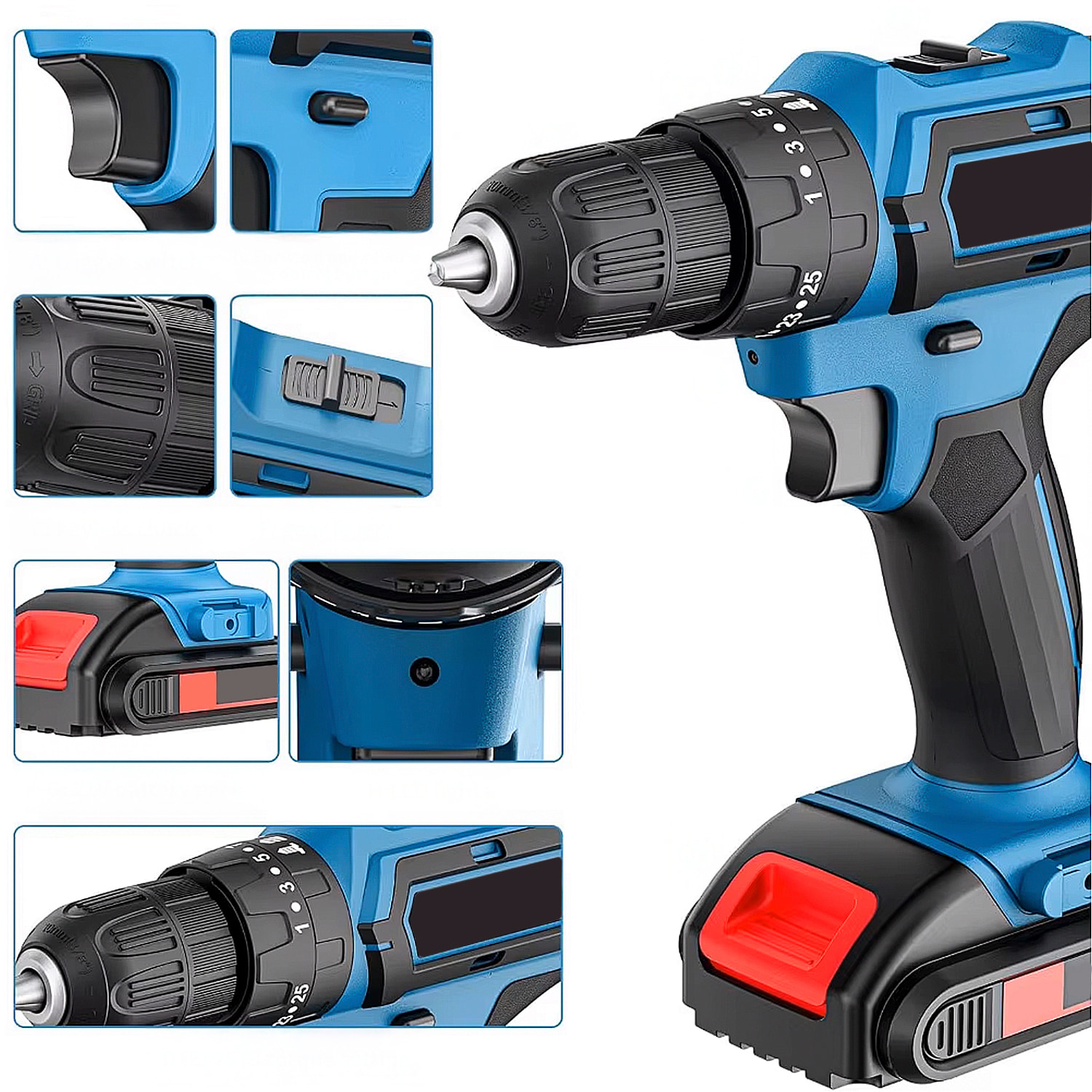 Destornillador eléctrico y taladro, con batería, juego de accesorios y maletín