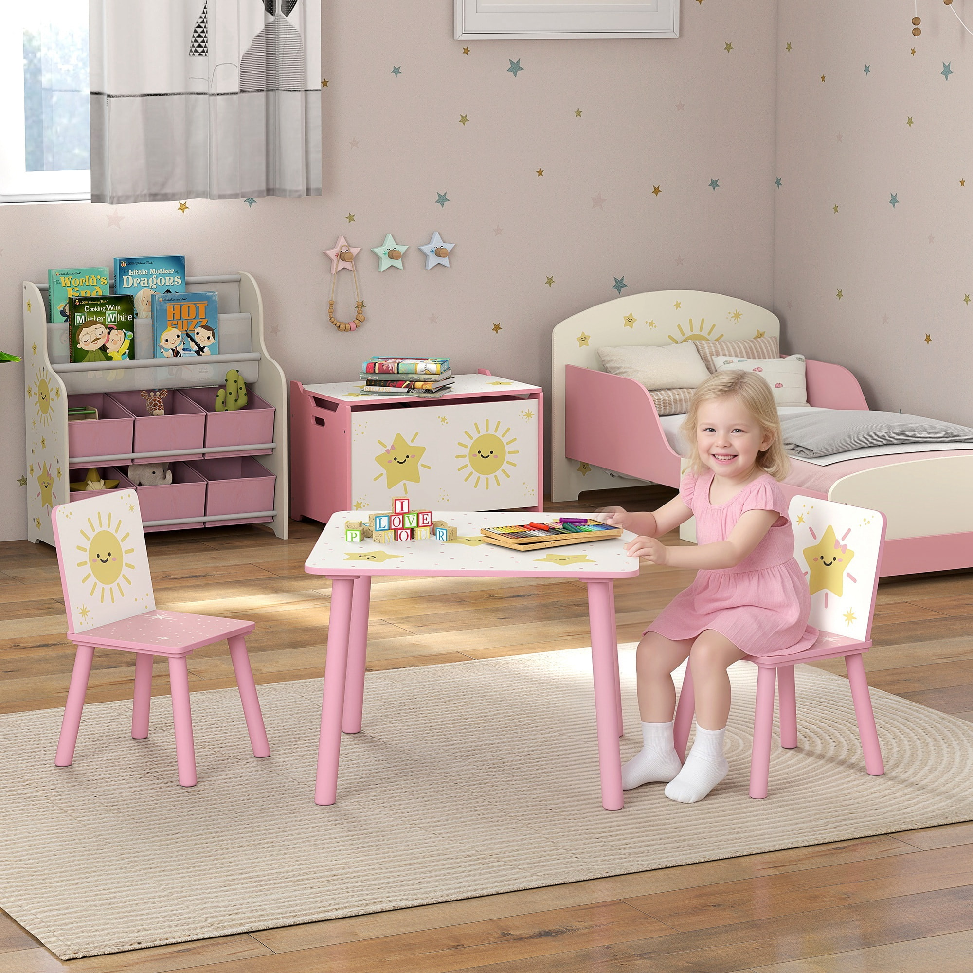 Mesa y Sillas Infantiles de 3 Piezas, Mesa Infantil con 2 Sillas de Madera de Pino, Juego de Muebles con Dibujos de Estrella para niños de +3 Años, para Dormitorio, Sala de Juegos, Rosa