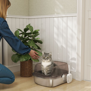 Arenero para Gatos Cubierto Extragrande Caja de Arena Cerrado con Bandeja de Acero Inoxidable Bordes Altos Pala y Zona para Caída de Arena sin Olor Fácil Limpieza para Gatos Grandes Gris