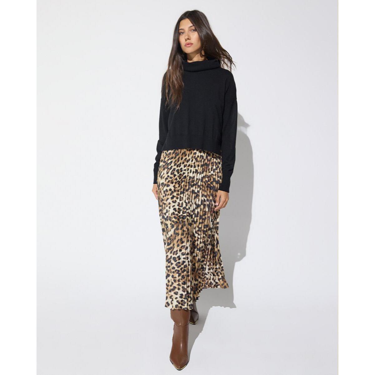 Abito combinato con gonna plissettata a stampa animalier