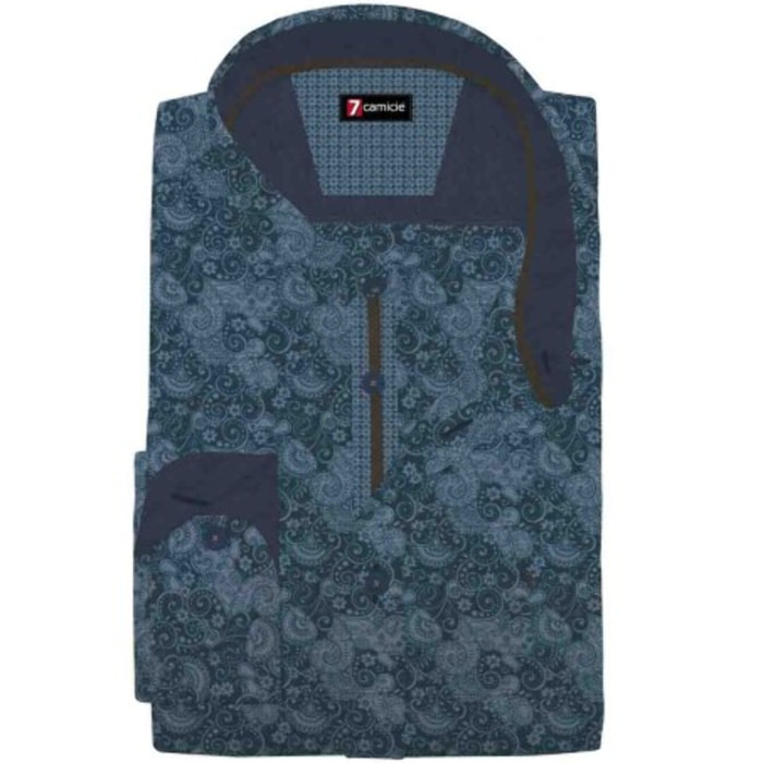 Camicia Uomo 1 Bottone Italiano Slim Chambray Stampato Blu/Celeste