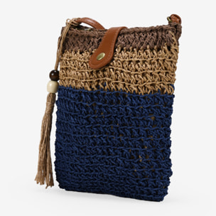 Bolso bandolera azul en rafia con cremallera