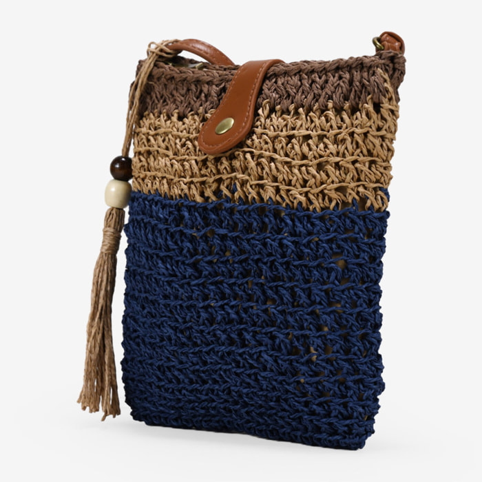 Bolso bandolera azul en rafia con cremallera