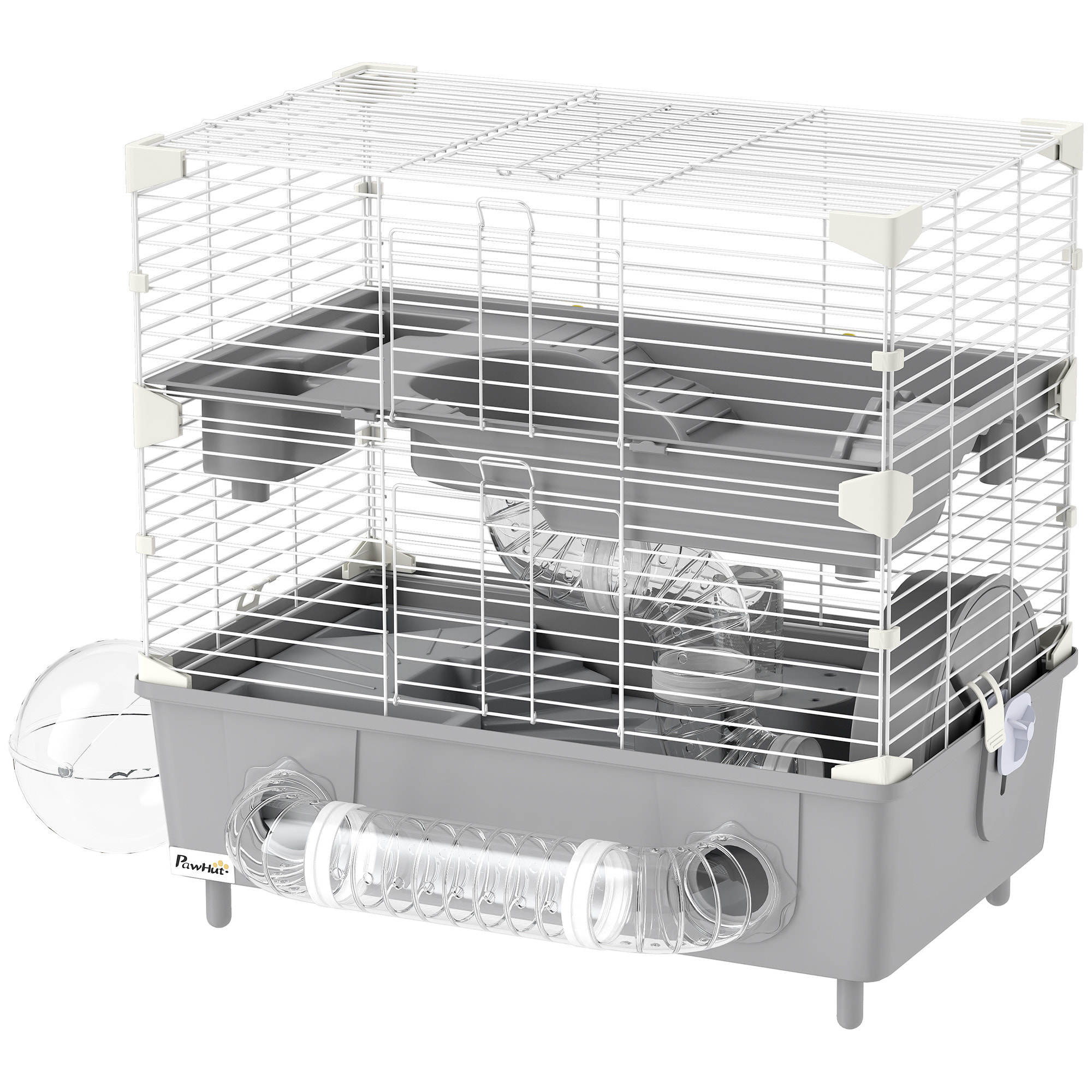Cage pour hamster 2 niveaux roue sphère bac à sable tuyaux biberon eau dim. 44,5 x 28 x 44 cm blanc gris
