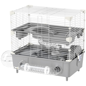 Cage pour hamster 2 niveaux roue sphère bac à sable tuyaux biberon eau dim. 44,5 x 28 x 44 cm blanc gris