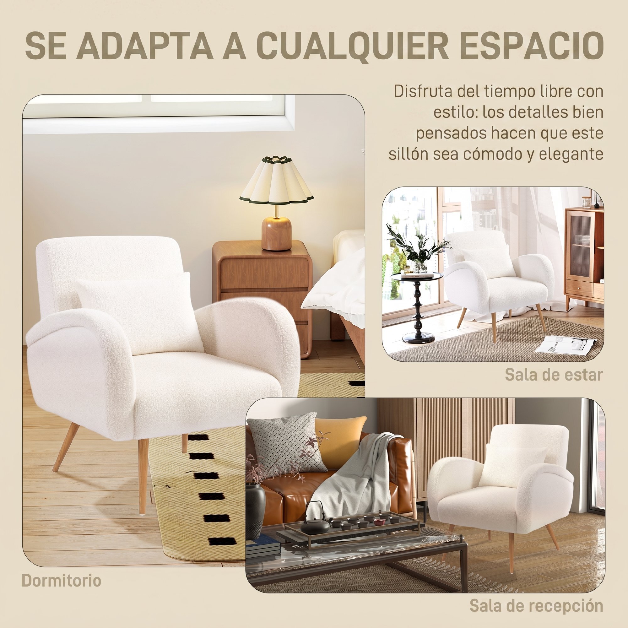HOMCOM Sillón de Salón de Tela Teddy, Butaca de Salón con Cojín Lumbar Desmontable, Patas de Metal con Efecto Madera, Sillón de Relax para Dormitorio, Oficina, Estudio, Blanco Crema