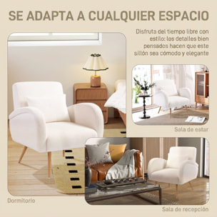 HOMCOM Sillón de Salón de Tela Teddy, Butaca de Salón con Cojín Lumbar Desmontable, Patas de Metal con Efecto Madera, Sillón de Relax para Dormitorio, Oficina, Estudio, Blanco Crema