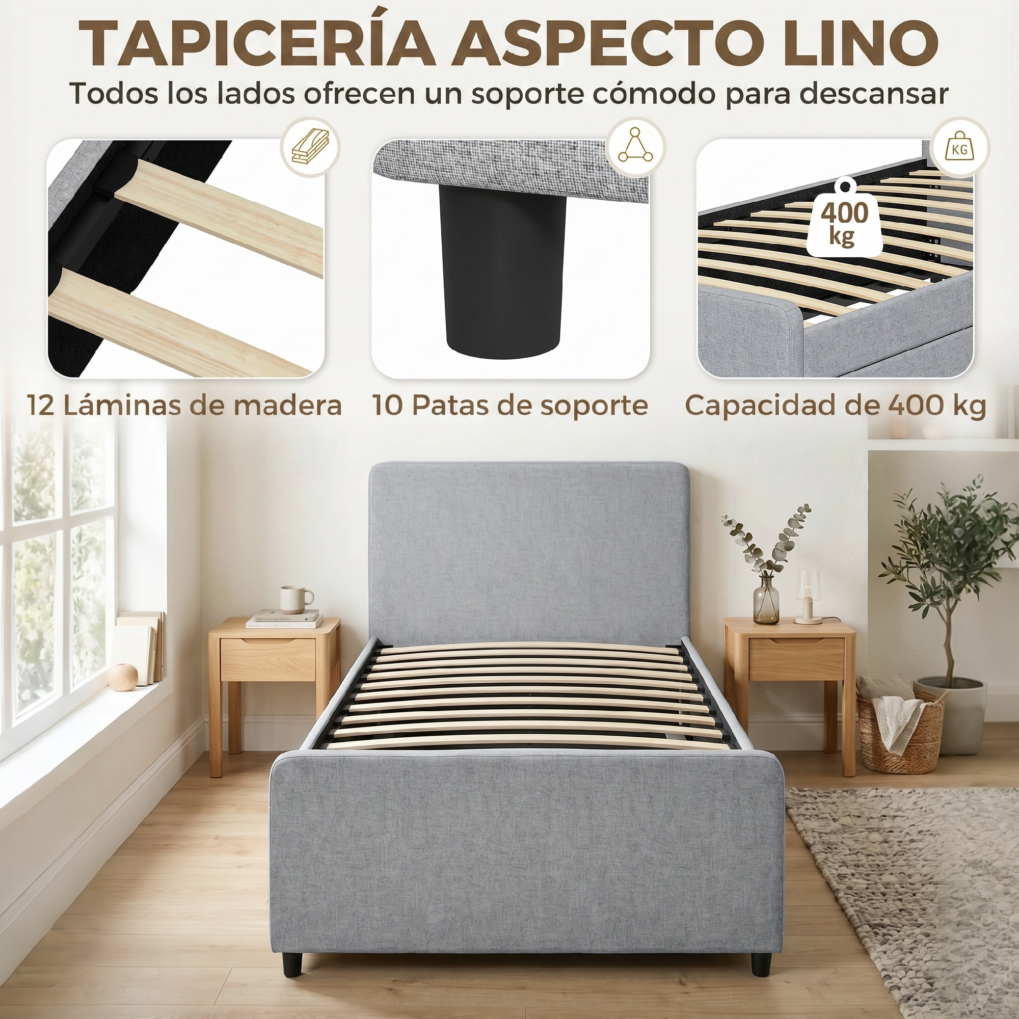 Cama Nido Individual, 90x190 cm, Estructura de Cama Tapizada en Lino con Cabecero y Piecero, Listones de Madera, Sin Colchón, Gris Claro