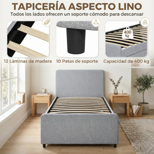Cama Nido Individual, 90x190 cm, Estructura de Cama Tapizada en Lino con Cabecero y Piecero, Listones de Madera, Sin Colchón, Gris Claro