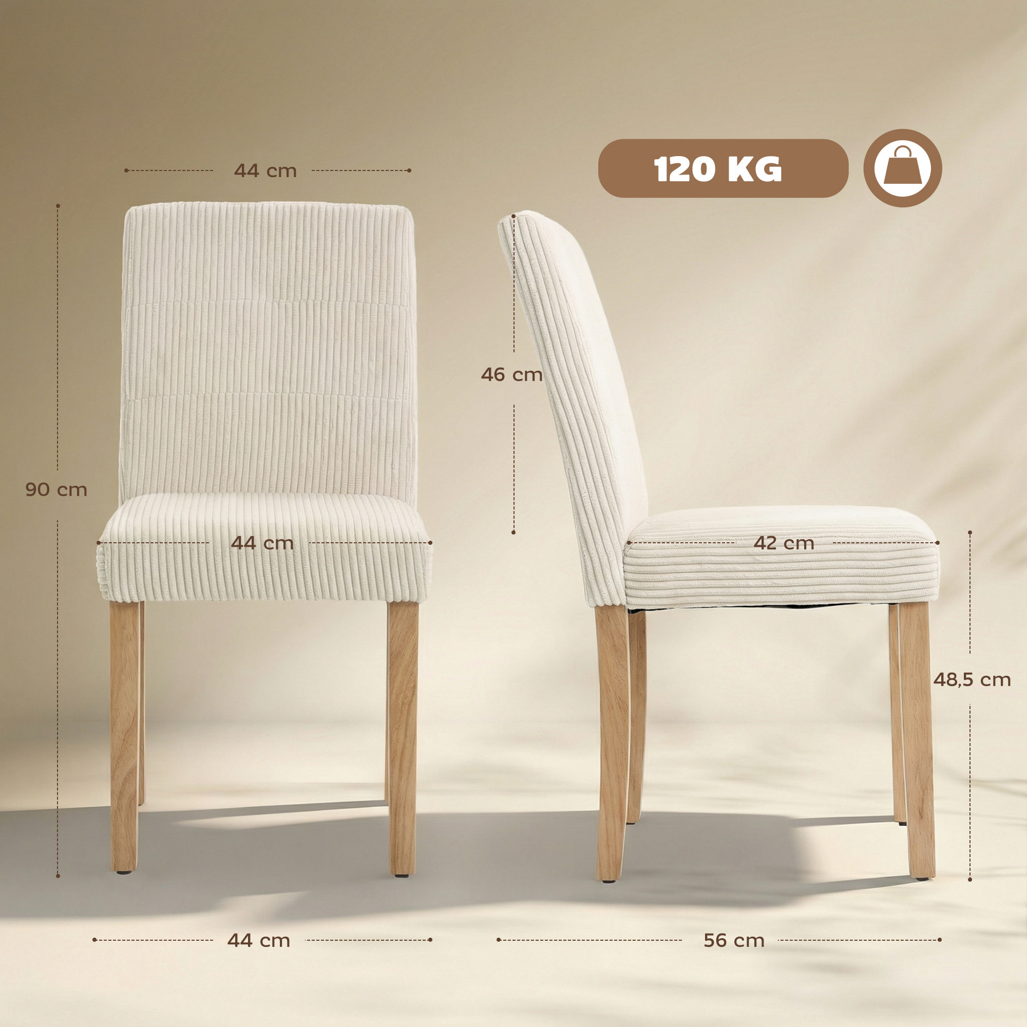 Pack de 4 Sillas de Comedor, Sillas de Cocinas Modernas, Respaldo Alto, Tapizadas en Pana, Asiento Acolchado, Patas de Madera, para Salón, Beige