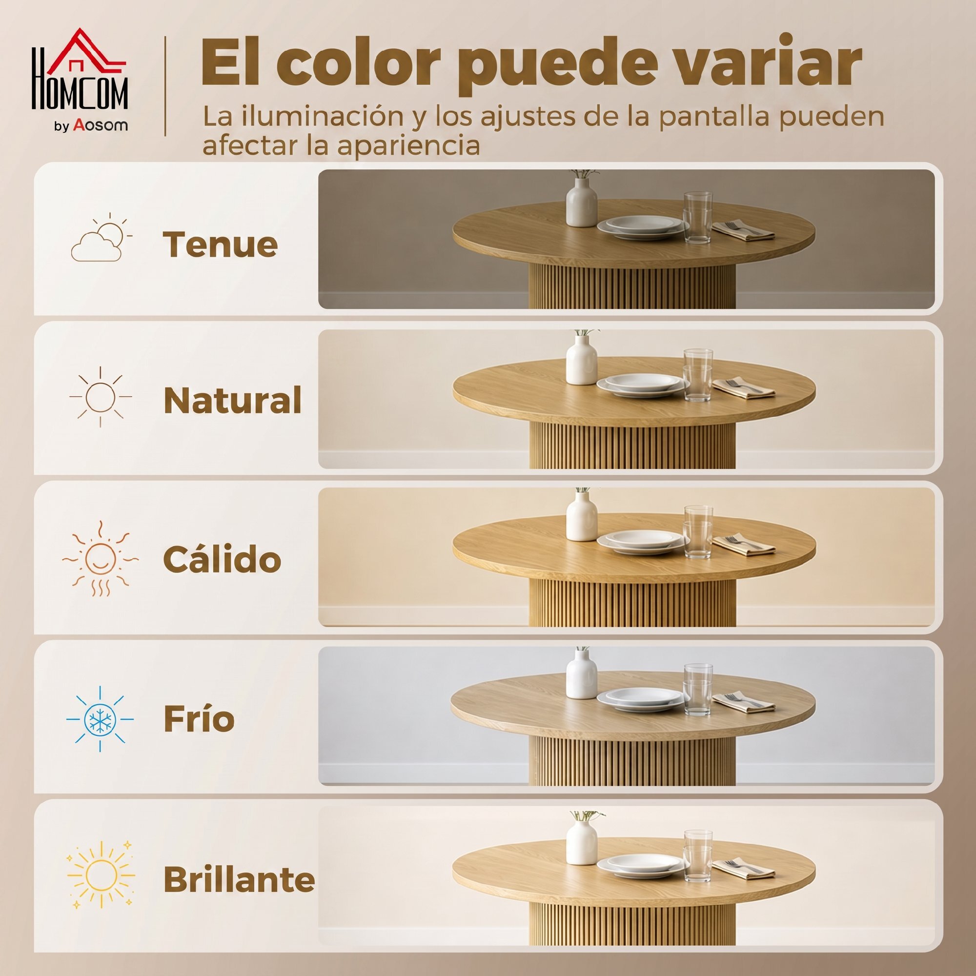 Mesa de Comedor Redonda, Mesa de Cocina para 4-6 Personas con Base Cilíndrica Acanalada, Marco Metálico, para Sala de Estar, Carga 100 kg, Ø110x75 cm, Roble