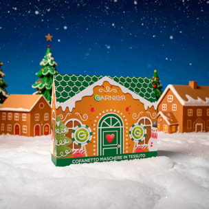 Confezione Regalo Natale Casa Pan di Zenzero con 4 Maschere Viso SkinActive in Tessuto e 1 Maschera Hydra Bomb Occhi