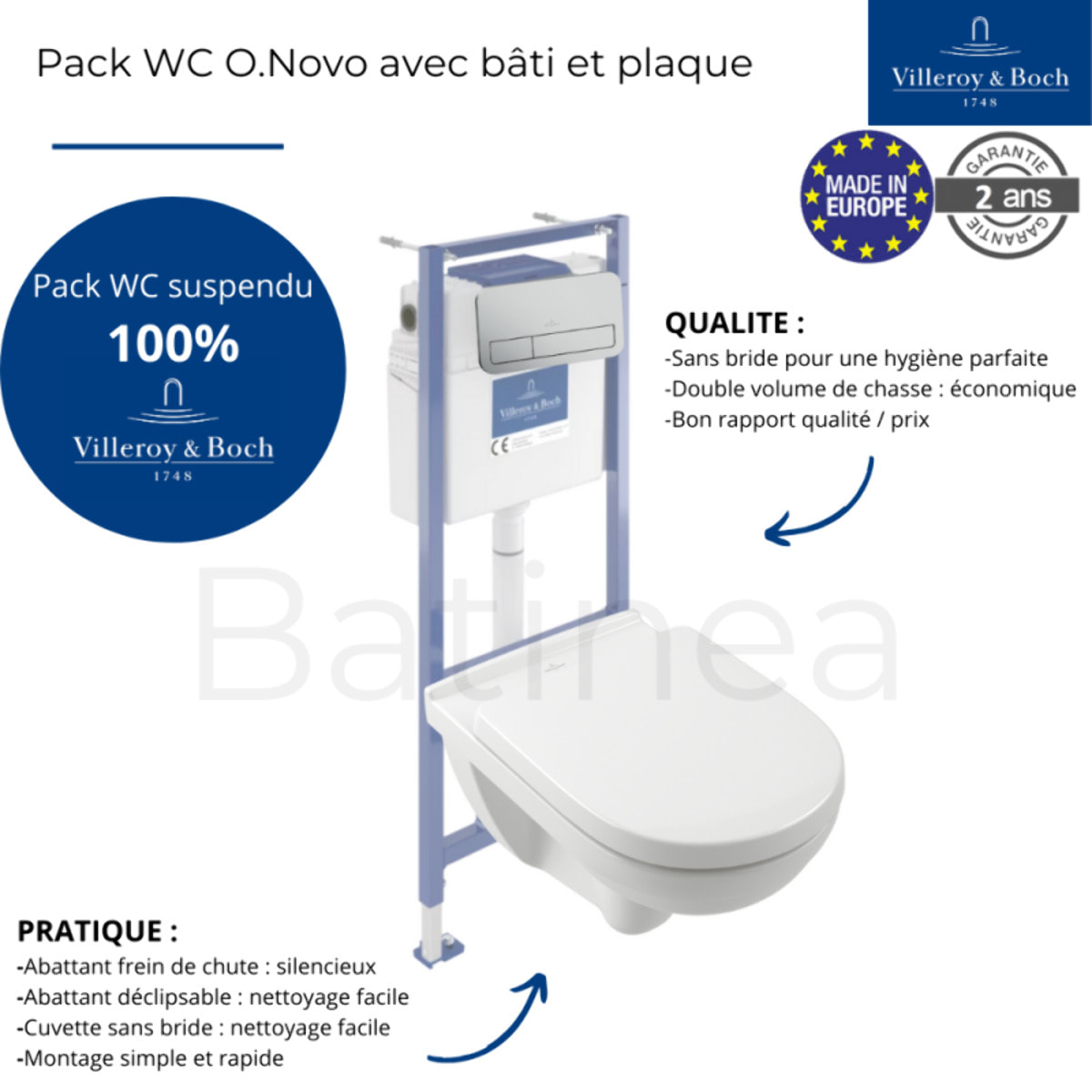Pack WC sans bride O novo abattant frein de chute + bâti-support sol et mur Viconnect PRO + plaque Chromé mat  + Tabouret bois