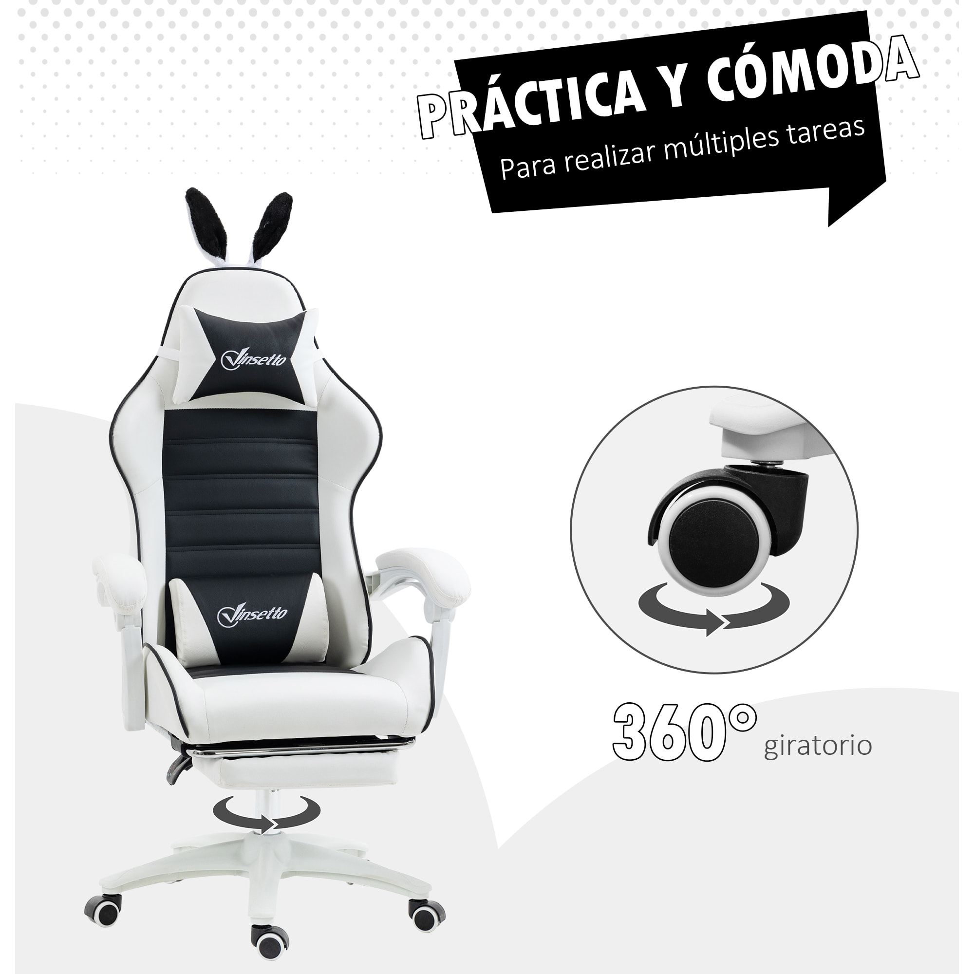 Silla Gaming Profesional Silla Gamer Racing Giratoria de Cuero PU con Altura Ajustable Inclinable 135° Reposacabezas y Reposapiés para Oficina Estudio 65x63x136-142 cm Negro y Blanco