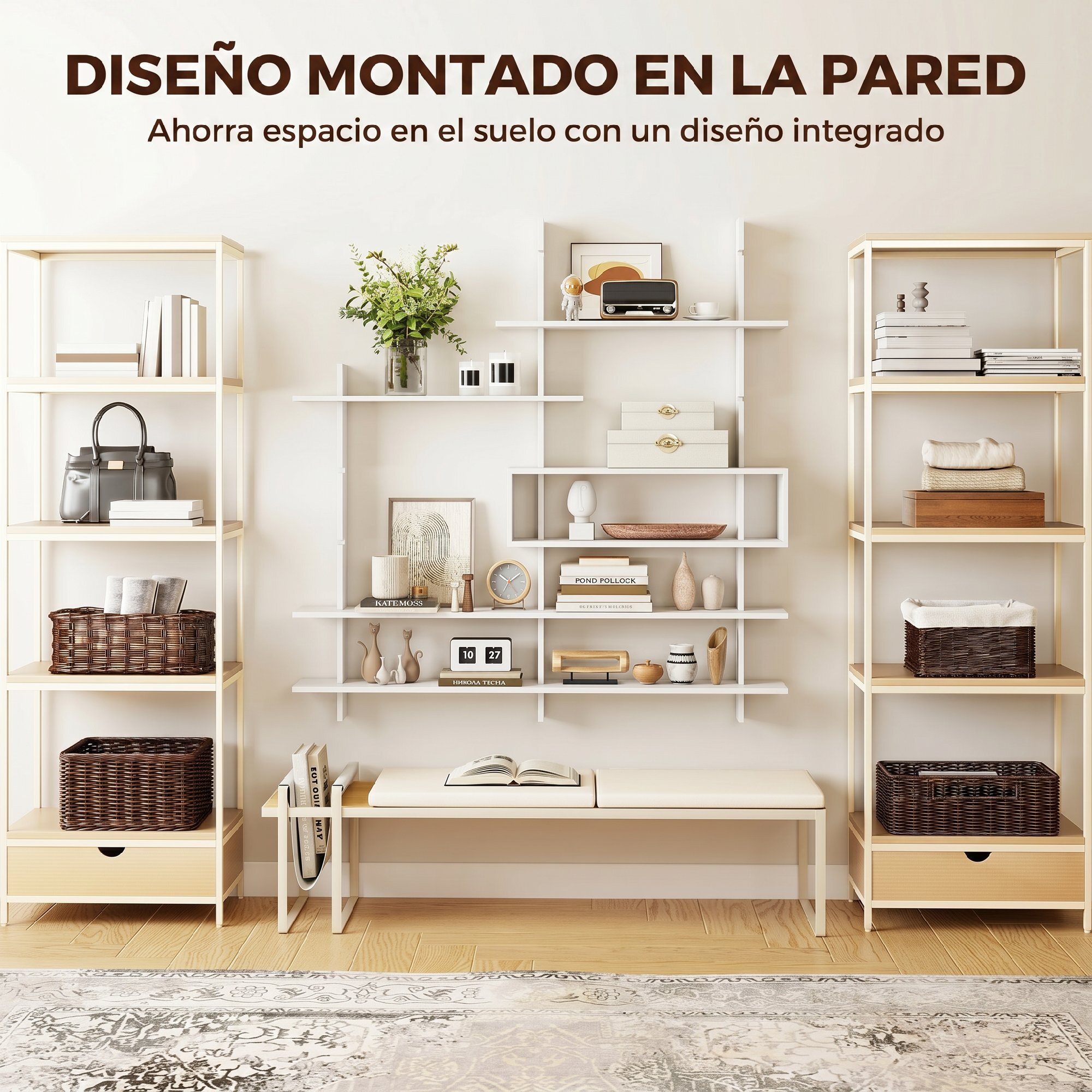 HOMCOM Estantería de Pared, Librería Geométrica con 4 Estantes y Compartimento Central Rectangular, Estantes Decorativos para Salón o Dormitorio, Blanco