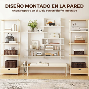 HOMCOM Estantería de Pared, Librería Geométrica con 4 Estantes y Compartimento Central Rectangular, Estantes Decorativos para Salón o Dormitorio, Blanco