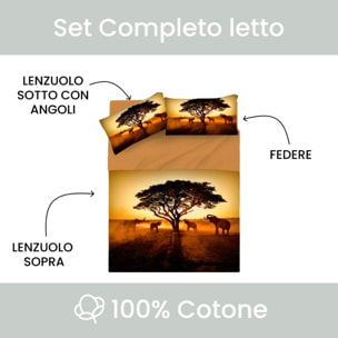 INTRECCI Set Lenzuola Una Piazza e Mezza in Cotone, Stampa Alta Qualità, Lenzuolo Sotto + Lenzuolo Sopra + 1 Federa, Comfort, per Pelli Sensibili, non Stringe in Lavatrice. Fantasia: Savana