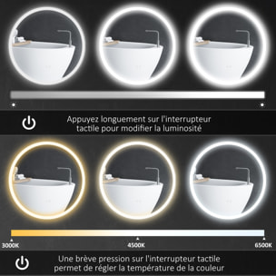 Miroir rond lumineux LED de salle de bain Ø 80 cm mural avec éclairage 3 couleurs interrupteur tactile système antibuée 46W blanc argent