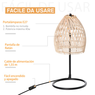 Lámpara de Mesa Lámpara de Mesita de Noche Casquillo E27 Máx. 40W Lámpara Decorativo con Pantalla de Ratán para Dormitorio Salón Ø20x41 cm Natural