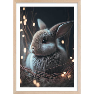 Affiche enfant lapin dans le nid  Affiche + cadre en bois - Chêne