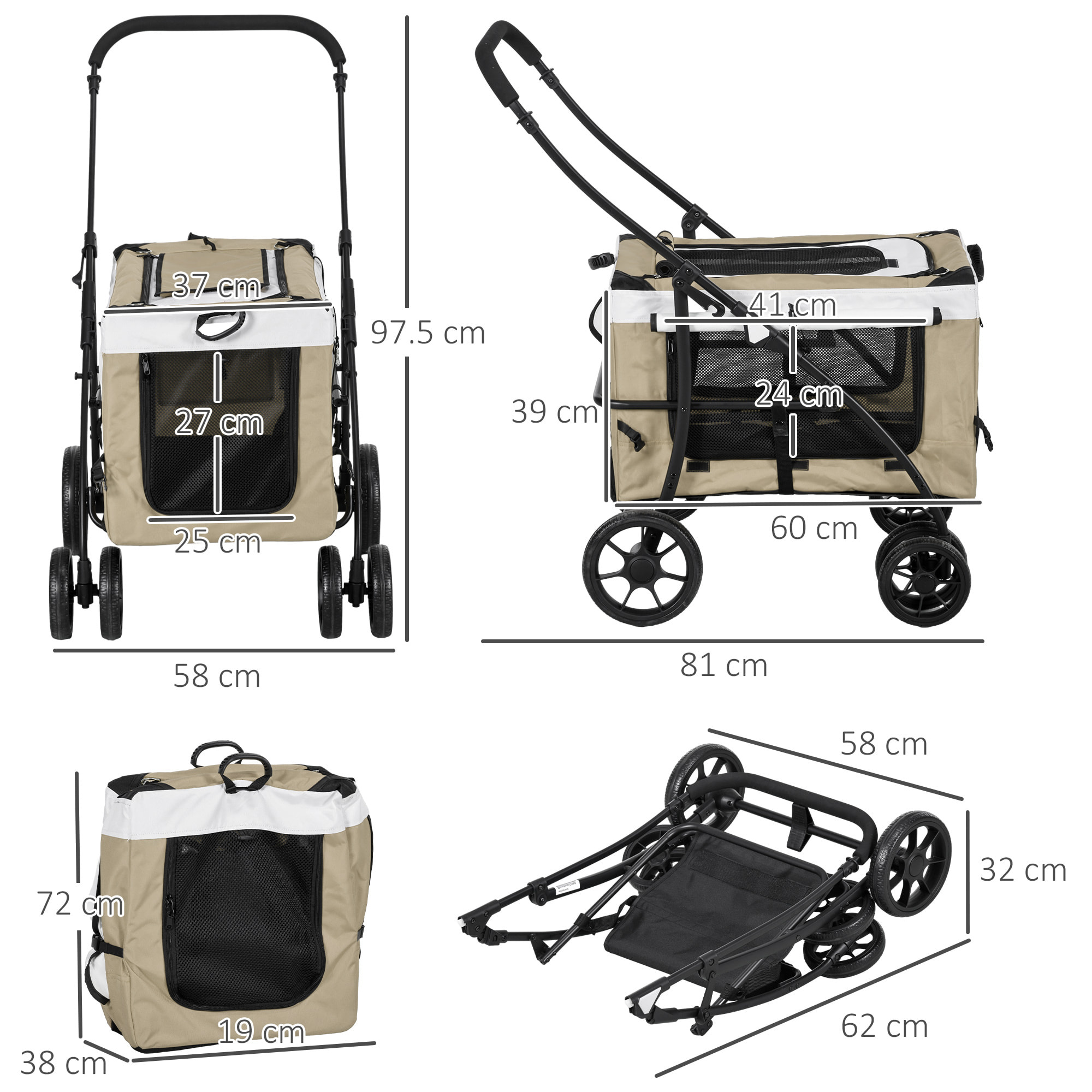 PawHut Carrito para Perros Cochecito para Perros Plegable con Vagón Desmontable 4 Puertas con Cremallera 2 Correas de Seguridad 2 Correa de Transporte y Cojín Caqui