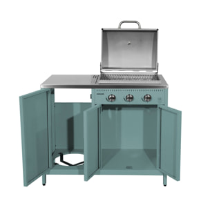 Barbecue gaz 3 brûleurs. bleu gris. 3 portes et 2 espaces de rangement