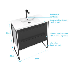 Meuble de salle de bain 80x50cm Blanc - 2 tiroirs noir mat - vasque résine blanche - STRUCTURA P021