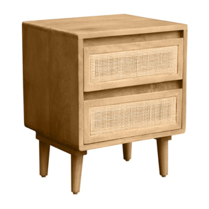 Tables de chevet en bois manguier massif et cannage rotin avec rangements 2 tiroirs (lot de 2) ACANGE