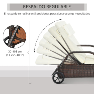 Tumbona Ratán Jardín con Respaldo Ajustable Cojines Acolchados y 2 Ruedas Marrón