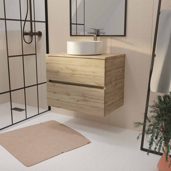 Meuble de salle de bains suspendu 70cm TIMBER Décor Chêne 2 tiroirs Vasque blanche à poser