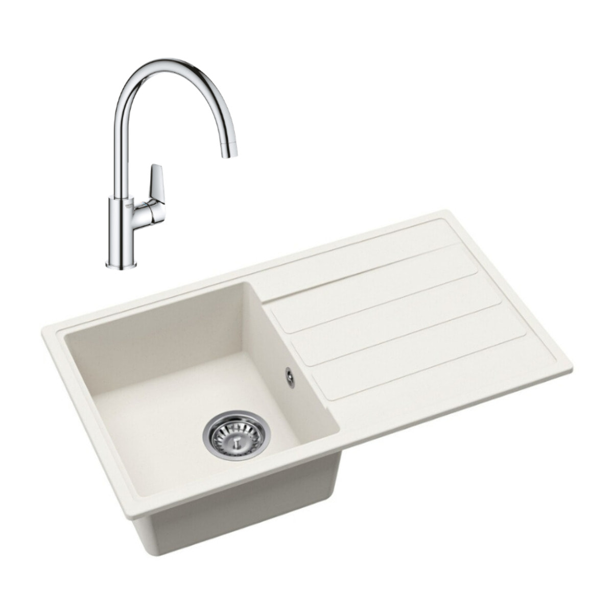 76x44 cm évier avec égouttoir réversible en Granite, à encastrer, blanc + mitigeur lavabo/cuisine Grohe StartEdge (SATSE3WG313)
