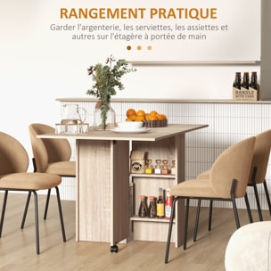 Table à manger pliante mobile sur roulettes avec 2 plateaux rabattables et 2 étagères intégrées - 140 x 80 x 74 cm naturel