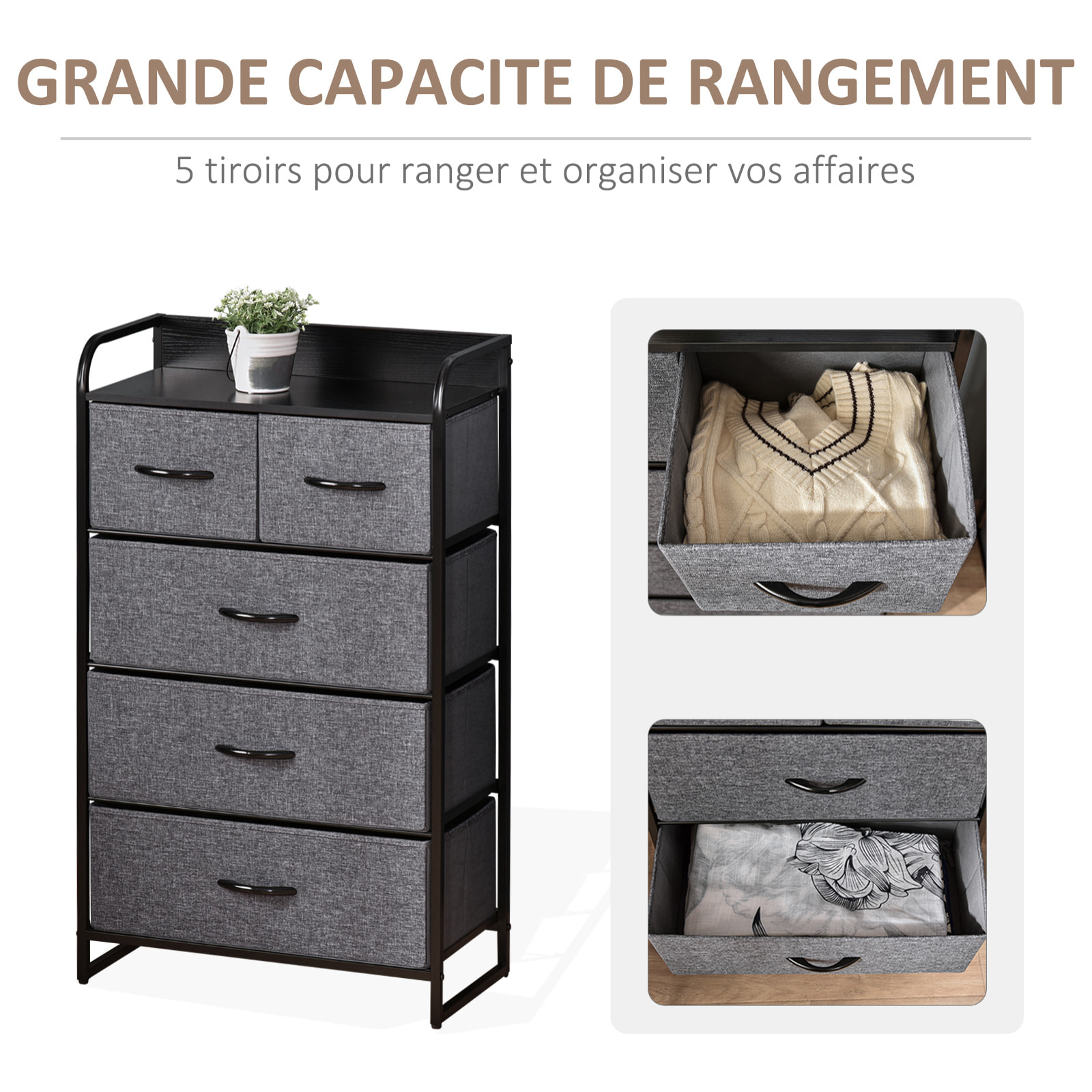 Commode rangement 5 tiroirs pliables en tissu 58 x 29 x 99 cm gris