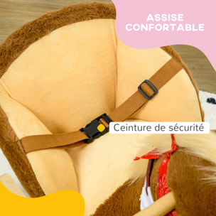 Cheval à bascule cowboy siège grand confort intégré avec ceinture bandanas effet sonore bois peluche marron