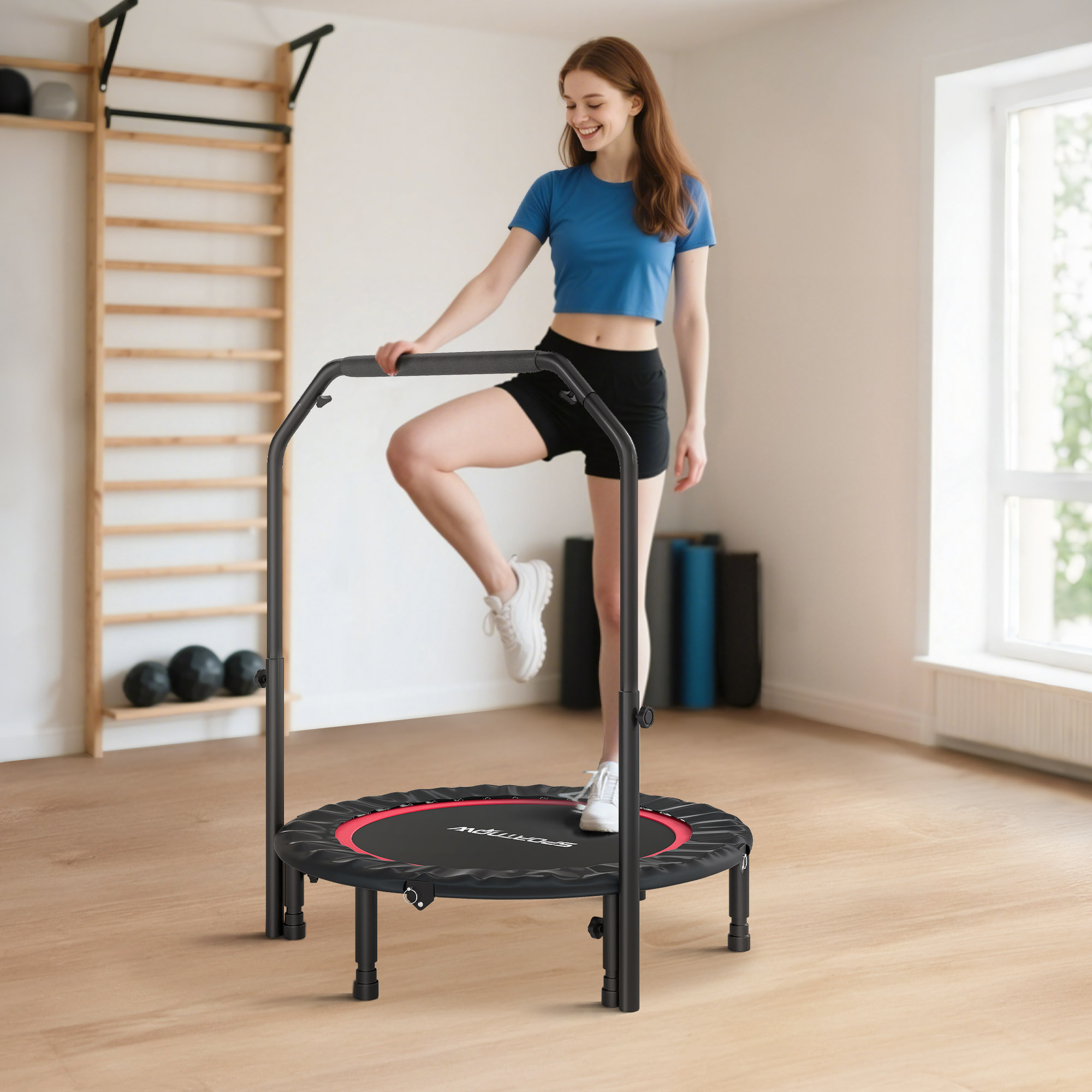 Trampolín de Fitness Adultos Ø102 cm, Cama Elástica Plegable con Mango Ajustable de 4 Niveles y Bandas, para Entrenamiento Piernas Cuerpo en Hogar Oficina Gimnasio Exterior, Carga 150 kg Rojo