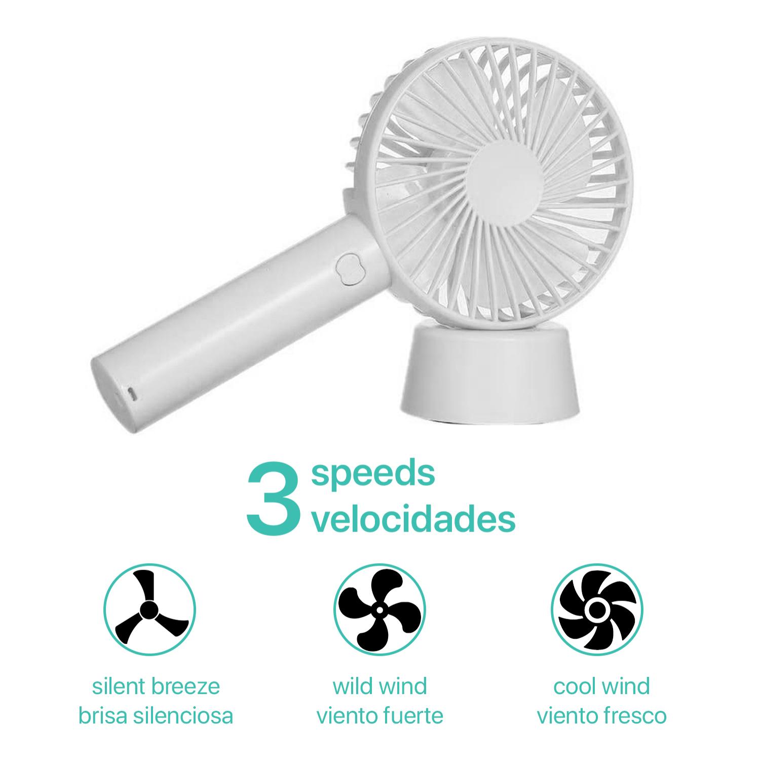 Mini ventilador portátil con batería y soporte de sobremesa.