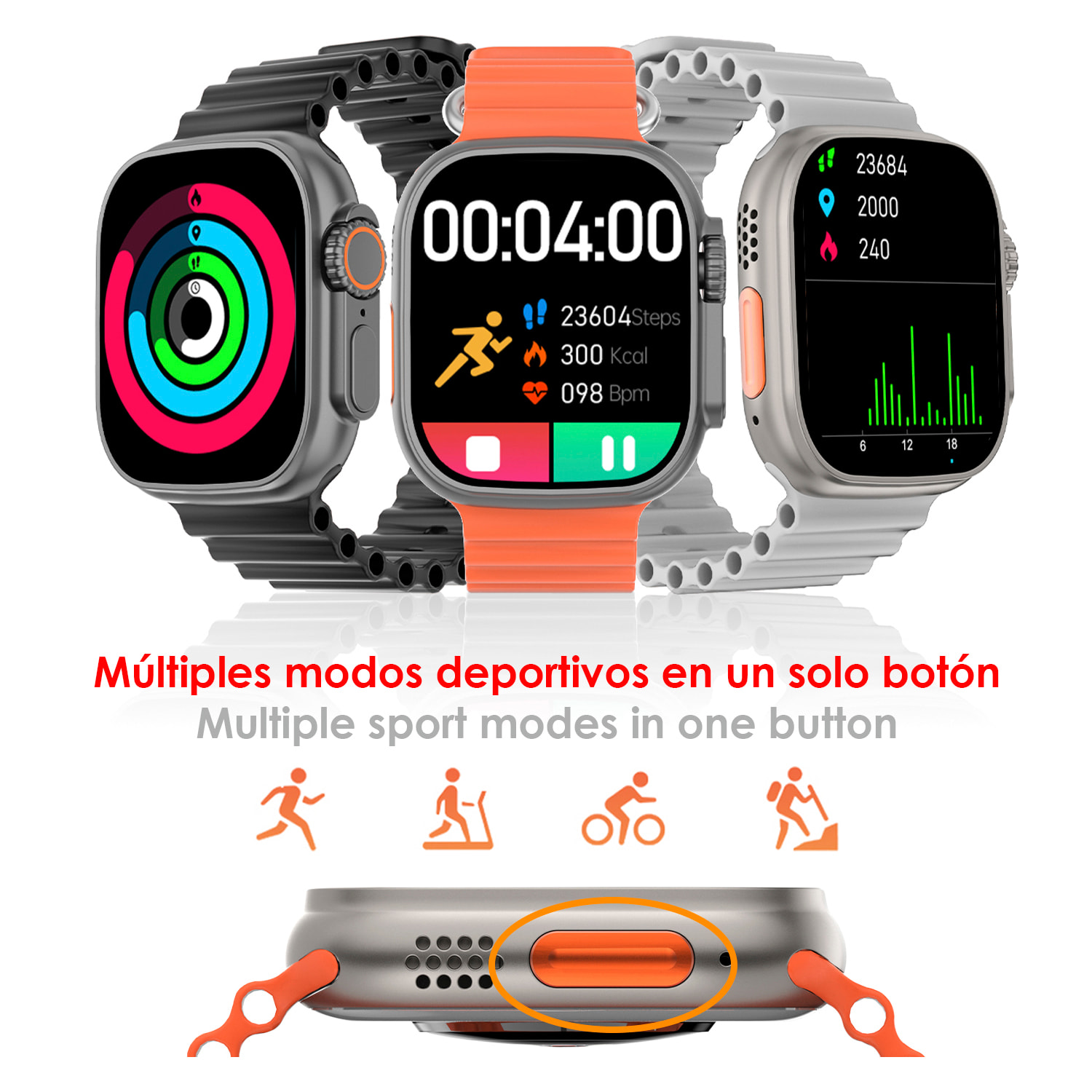 Smartwatch S9 Max, pantalla de 2.2", modos de deporte, monitor de salud, corona multifunción y botón de acceso rápido configurable.