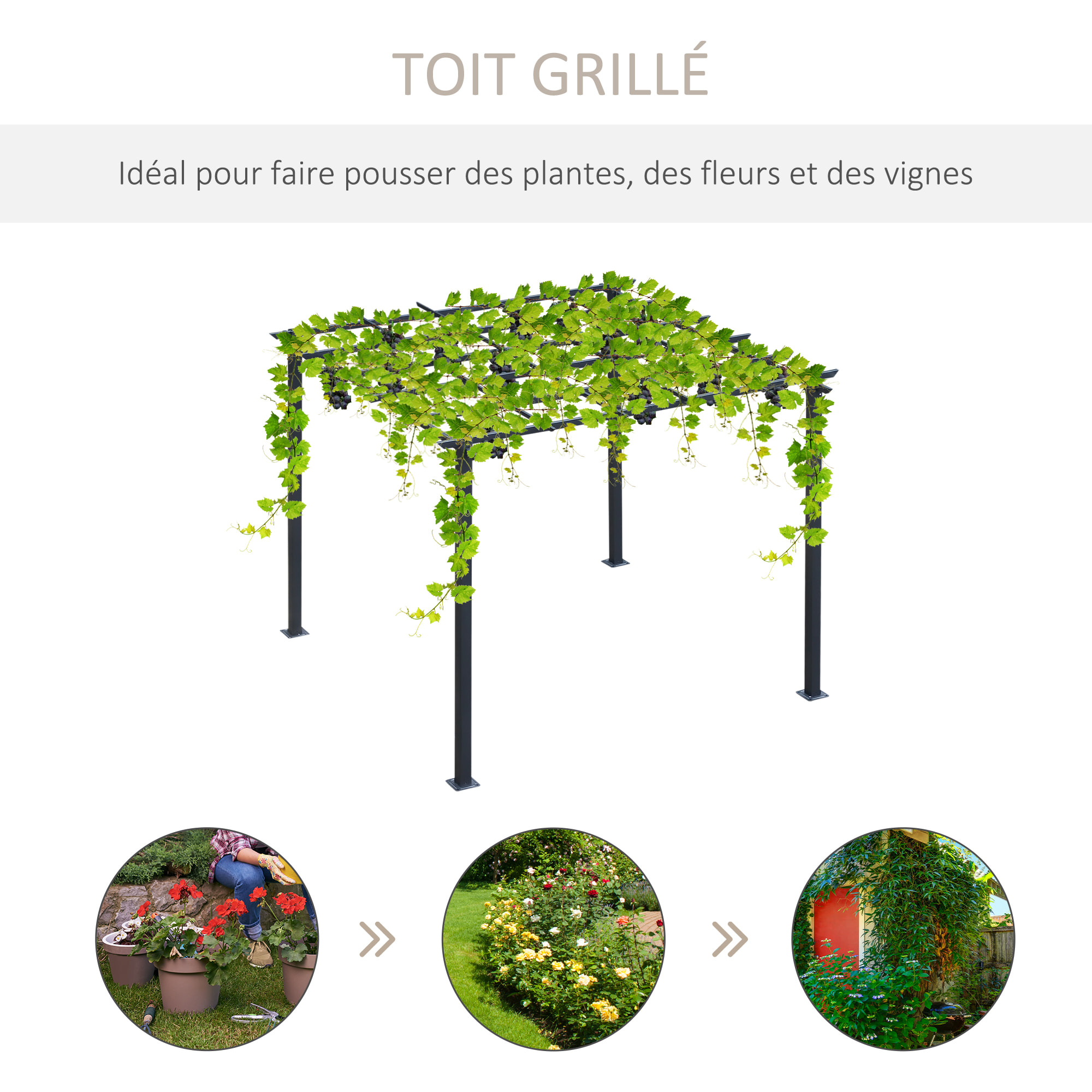 Pergola autoportante style contemporain - toit terrasse à décorer - dim. 3L x 3l x 2,3H m - métal époxy anticorrosion noir